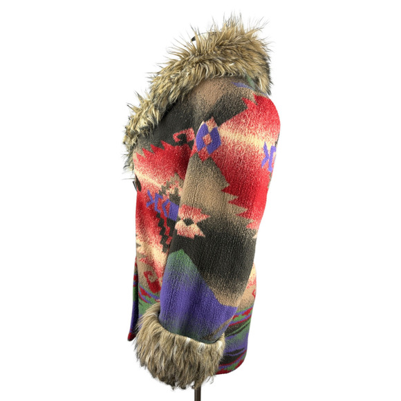 Tasha Polizzi Aztec Southwestern Blanket Coat Faux Fur Hooded Large *NO BELT* - Picture 7 of 16